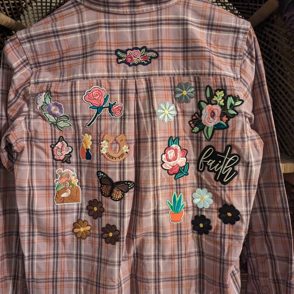 REI Plaid Top with Floral Patches - Pink and Black